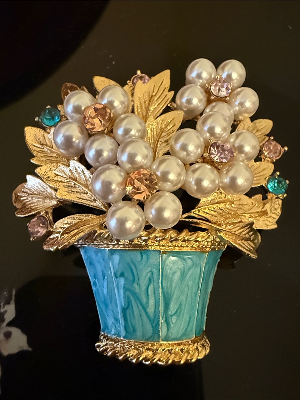 Pearl & Crystal Flower Basket Brooch in Turquoise and Gold